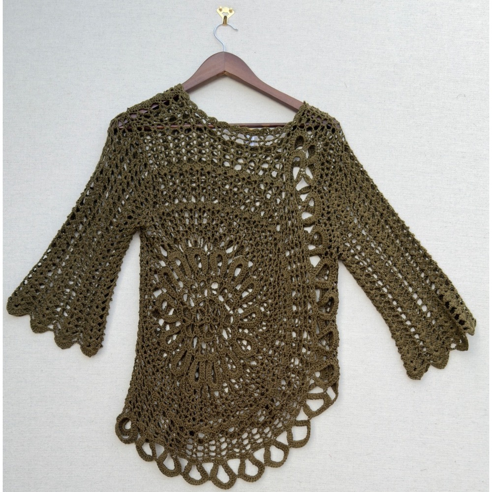 Westport 1962 Olive Green Crochet Medallion Top Asymmetrical Boho Fairy Medium